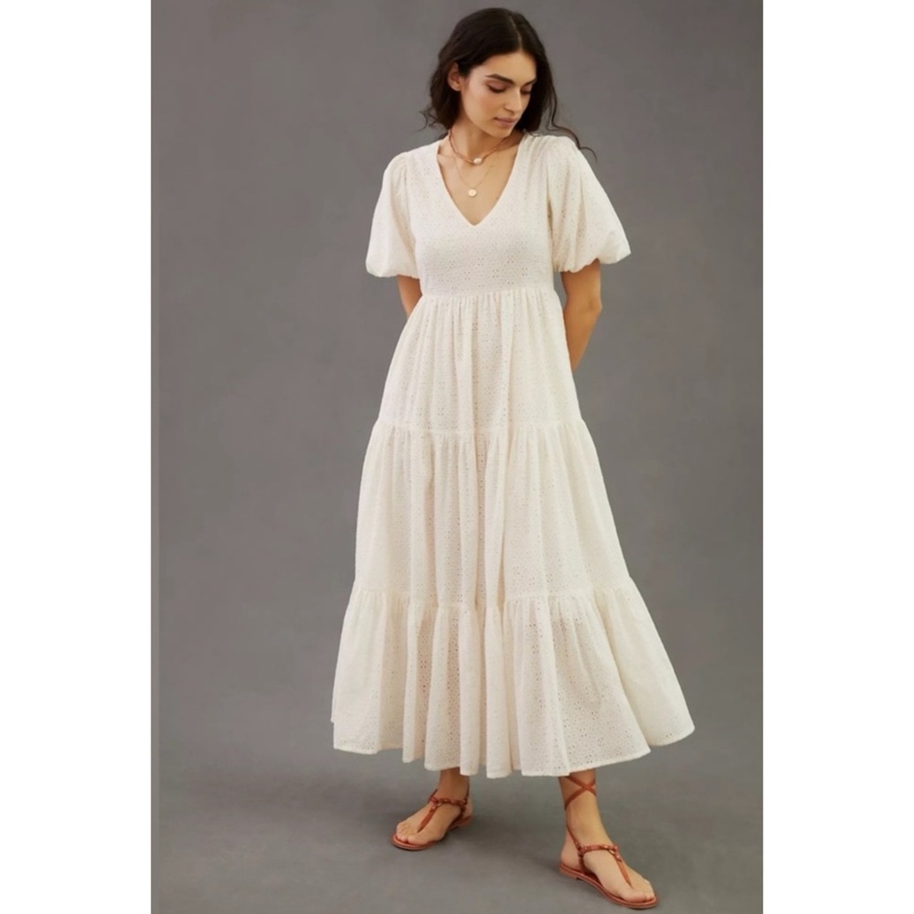 Mother x Anthropologie V-Neck Tiered Maxi Dress In Ivory NWT